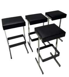 Four Mid-Century Modern Bar Stools with Black Leather Seats, 1970s